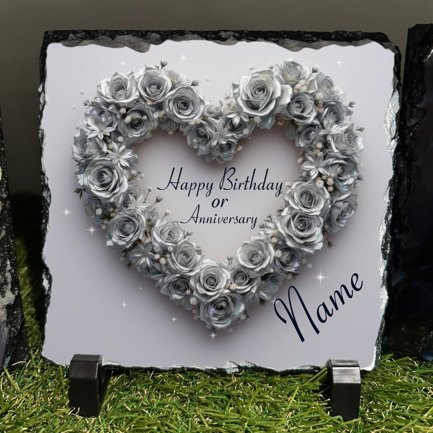 Personalised Hollow Silver rose design outdoor or indoor slate with or without out crystal details
