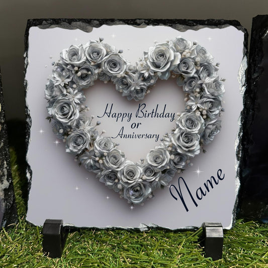 Personalised Hollow Silver rose design outdoor or indoor slate with or without out crystal details