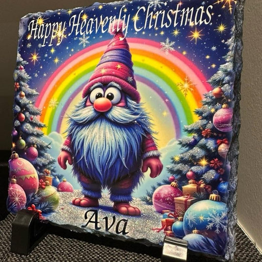 Personalised memorial Christmas rainbow gonk design  outdoor slate with glitter