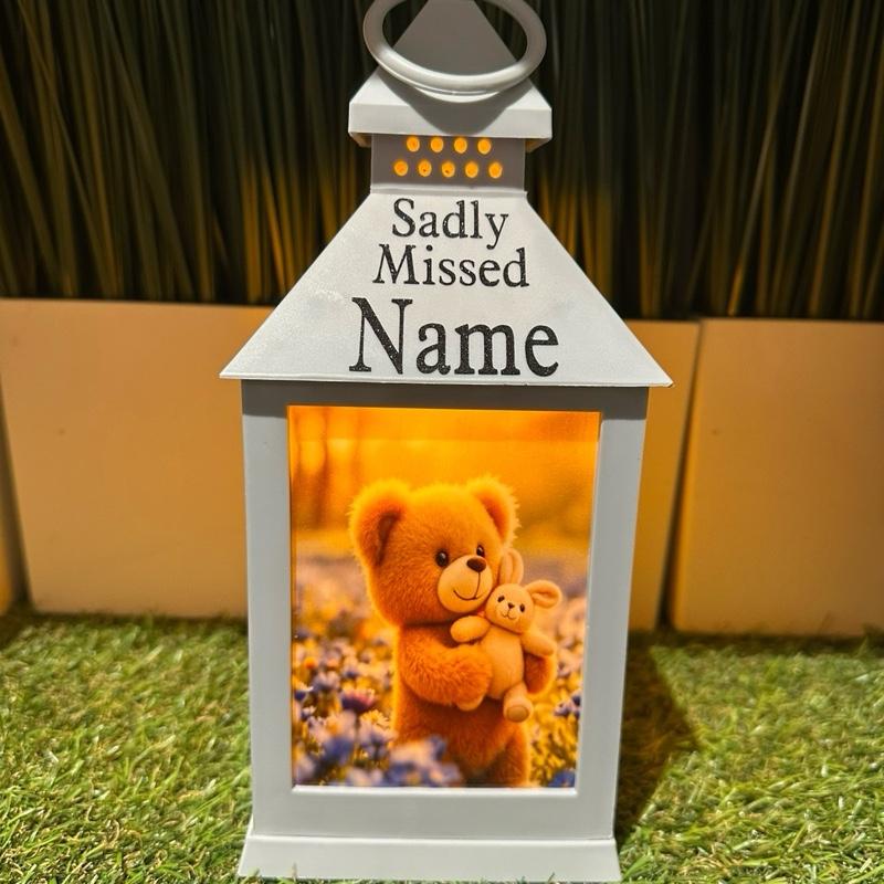 Teddy & bunny memorial lantern with blue flowers - grey & black glitter lantern with build in 6 hour timer