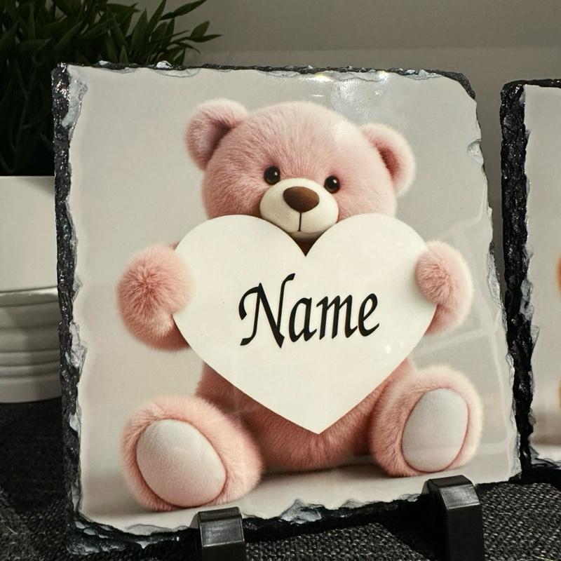Personalised teddy bear heart design outdoor slate garden memorial - glitter heart outer detail option