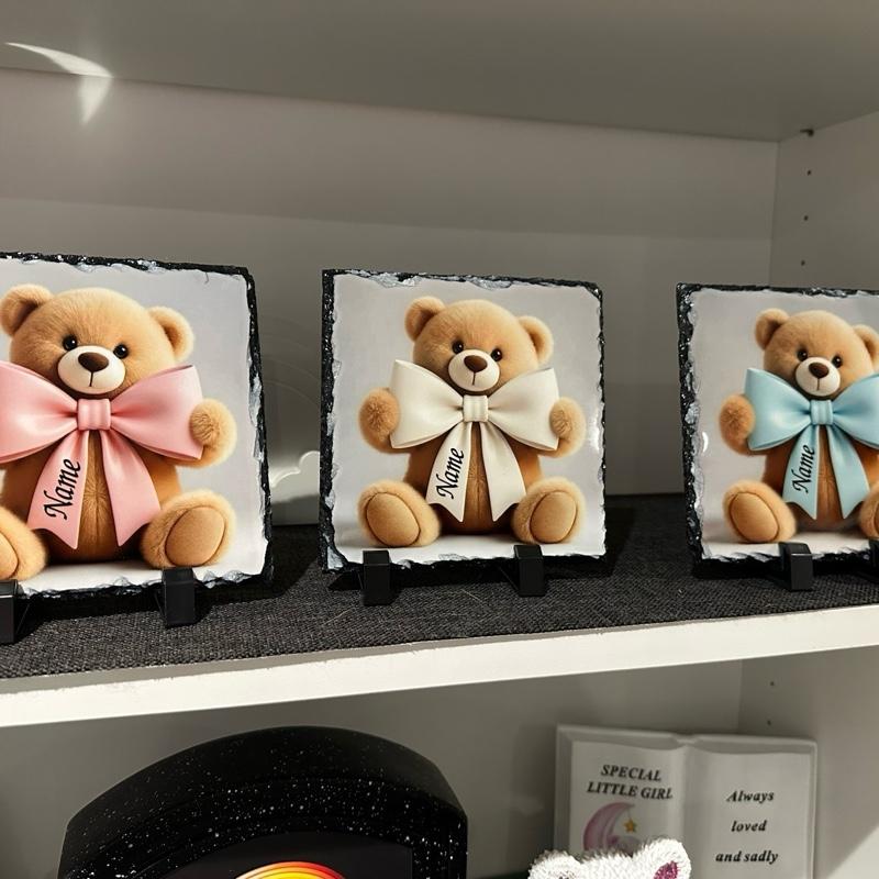 Personalised teddy bear bow design outdoor slate garden memorial - glitter bow detail option