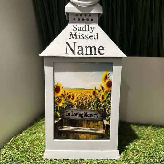 Personalised - Sunflower design outdoor grey lantern with glitter detail & 6 hour timer
