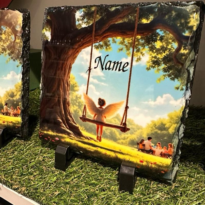 Personalised swing little boy or little girl angel wings design outdoor slate garden memorial