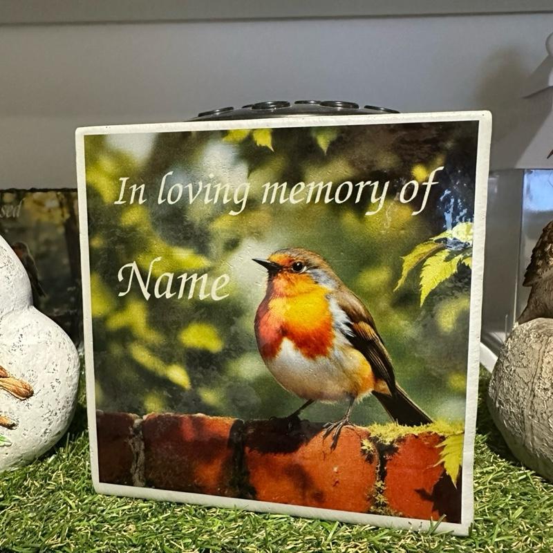 Personalised Robin Weighted Memorial Flower Vase - Grey Polyresin Cube with Name Option
