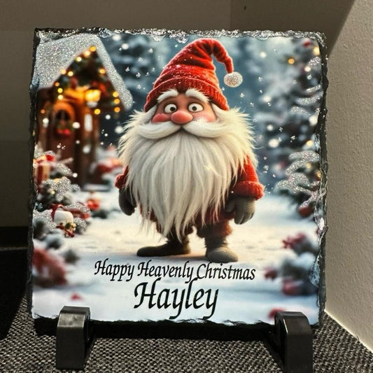 Personalised memorial Christmas santa gonk design  outdoor slate with glitter
