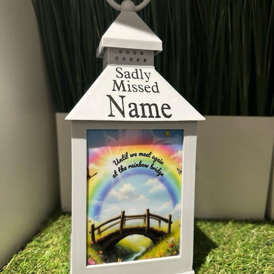 Personalised - Rainbow bridge memorial grey & glitter outdoor lantern with timer