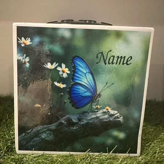 Blue butterfly weighted memorial flower vase