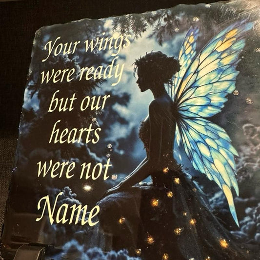 Personalised kneeling angel memorial slate with glitter detail indoor and outdoor