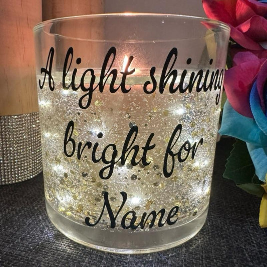 Personalised - - Christmas tree & eucalyptus scented light up led candle with gold sparkle details