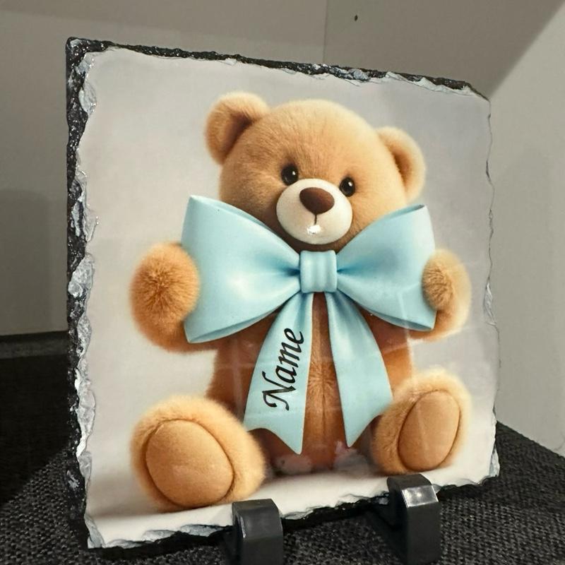Personalised teddy bear bow design outdoor slate garden memorial - glitter bow detail option