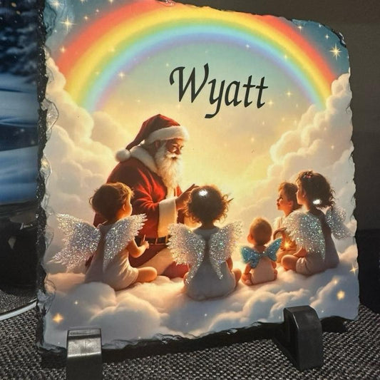 Personalised memorial Santa in heaven glitter wings colour option slate - in or outdoor