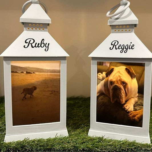Photo personalised pet out door grey lantern with built in 6 timer