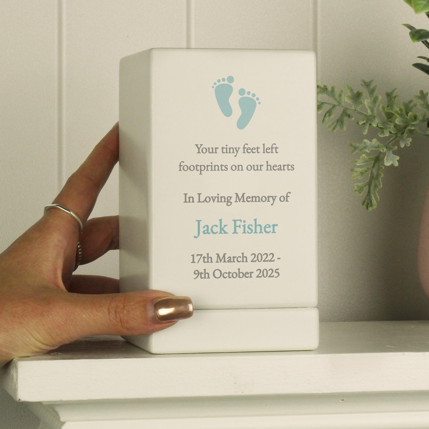 Personalised Baby Boy blue Small Wooden Urn keepsake Decor