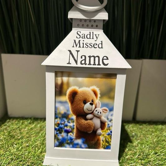 Teddy & bunny memorial lantern with blue flowers - grey & black glitter lantern with build in 6 hour timer