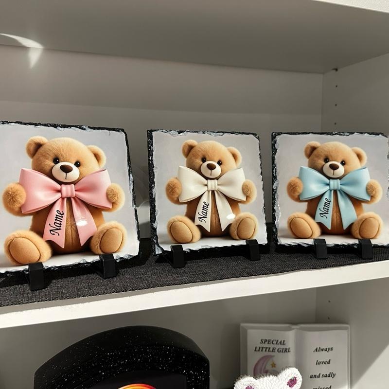 Personalised teddy bear bow design outdoor slate garden memorial - glitter bow detail option