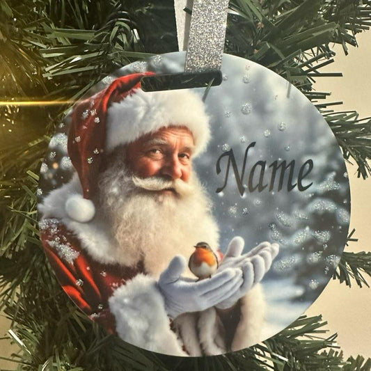 Santa & robin Christmas tree bauble acrylic glitter detail