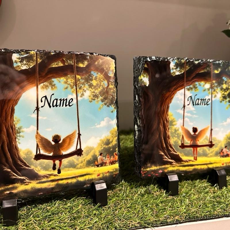 Personalised swing little boy or little girl angel wings design outdoor slate garden memorial
