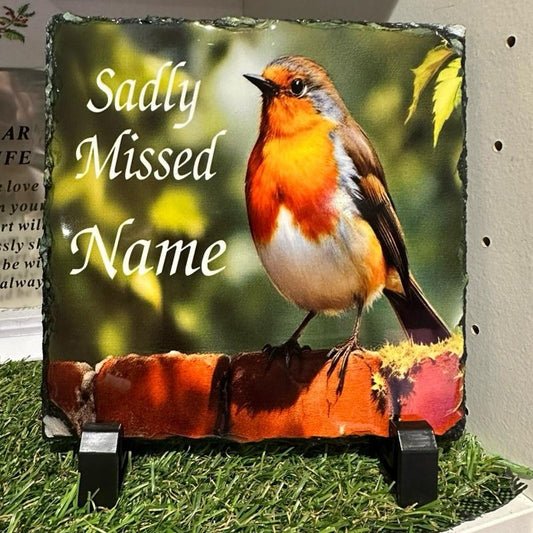 Personalised memorial single robin design slate - in or outdoor