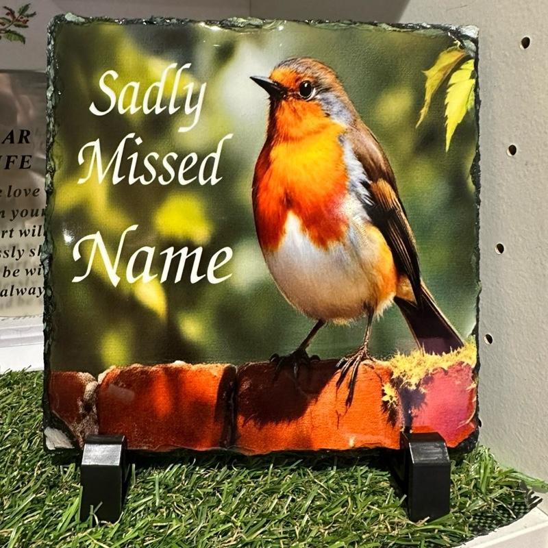 Personalised memorial single robin design slate - in or outdoor