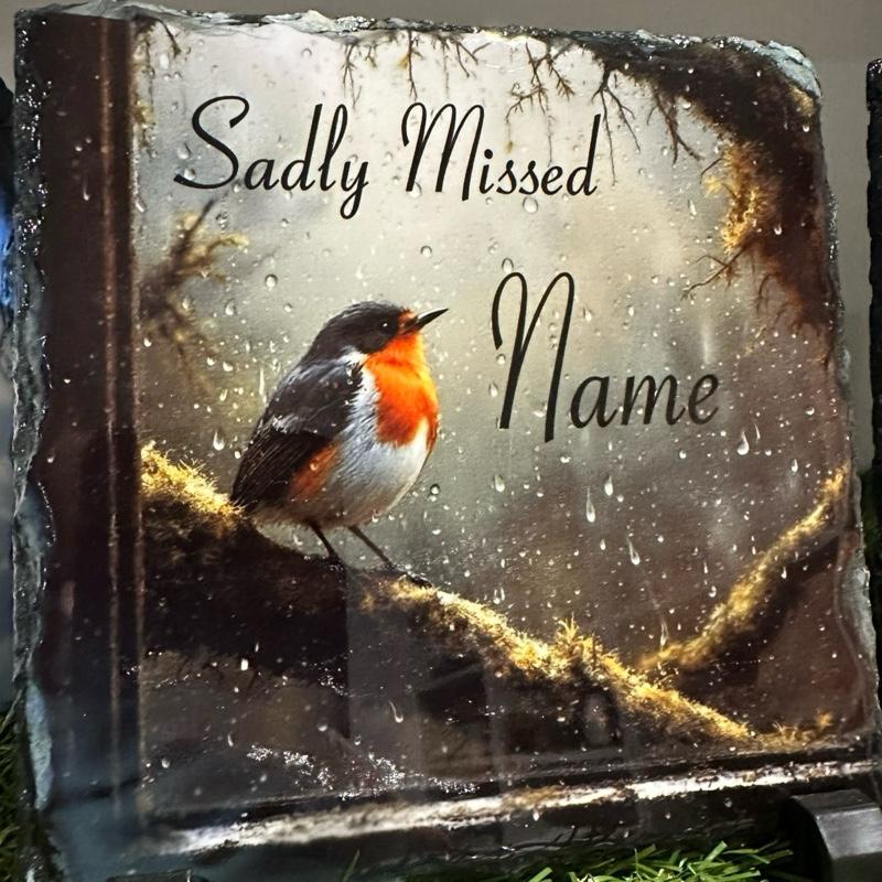 Personalised memorial winter window robin design outdoor or In slate door