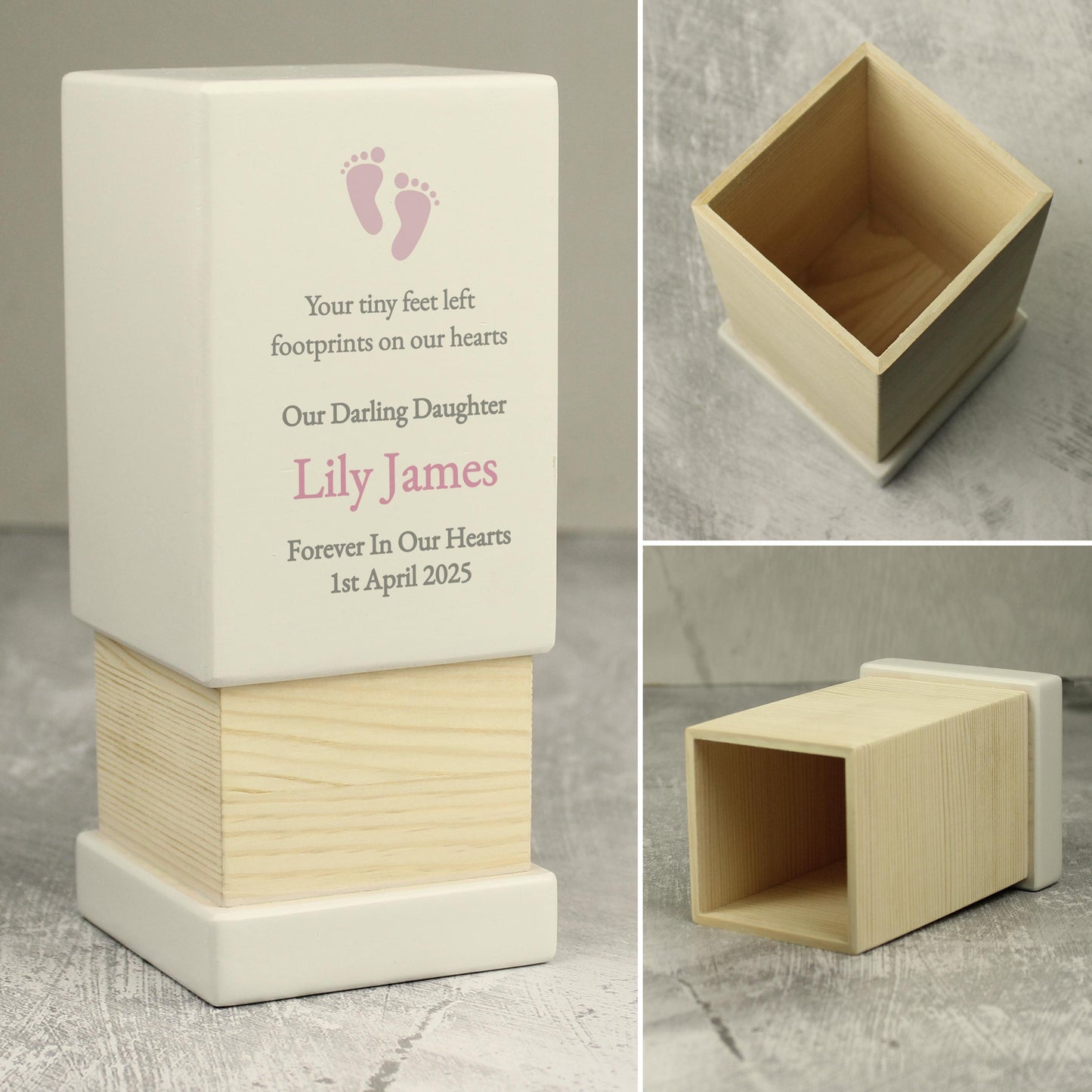 Personalised Baby Girl pink Small Wooden Urn keepsake Decor