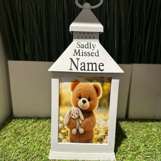 Teddy & bunny memorial lantern with white  flowers - grey & black glitter lantern with build in 6 hour timer function