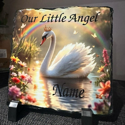 Personalised memorial princess swan slate with glitter - in or outdoor use