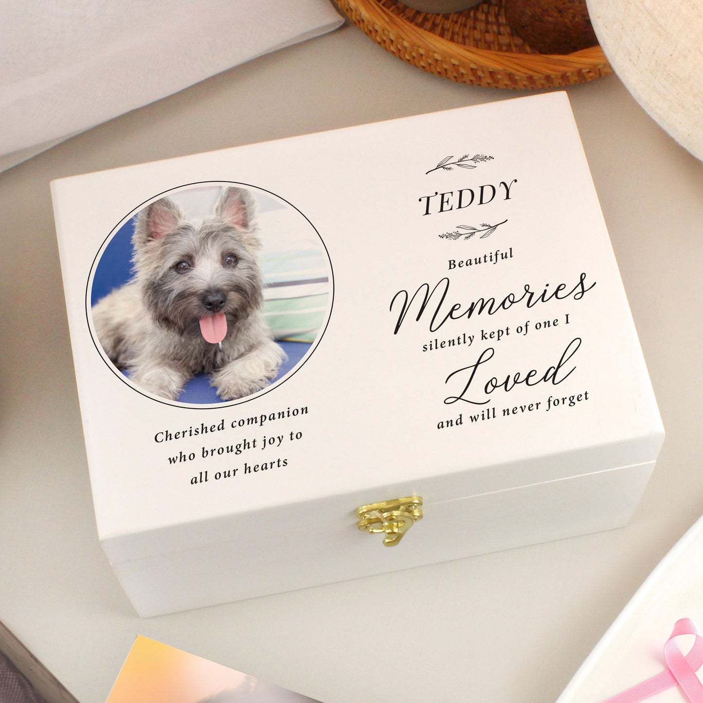 Personalised Memorial Pet Photo White Wooden Box keepsake/Urn