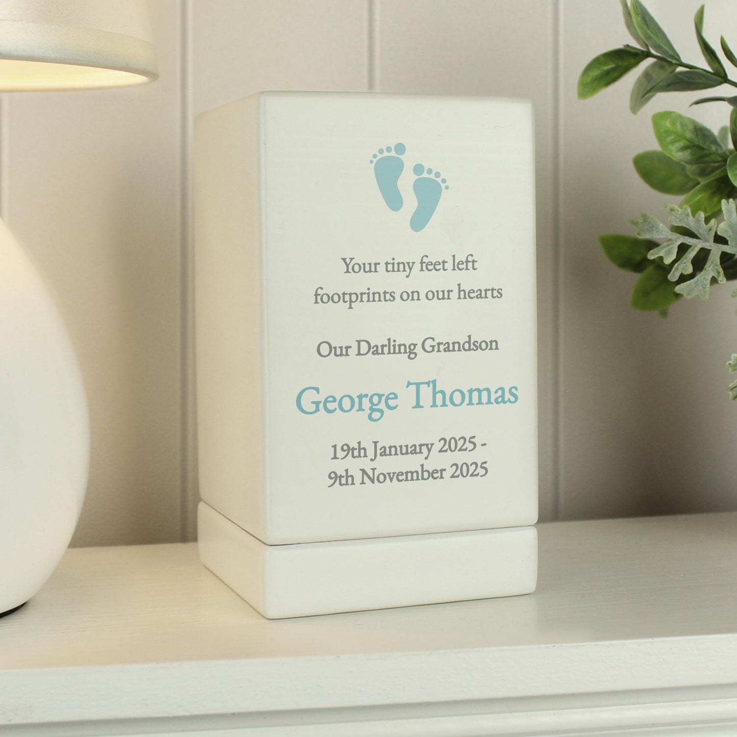 Personalised Baby Boy blue Small Wooden Urn keepsake Decor