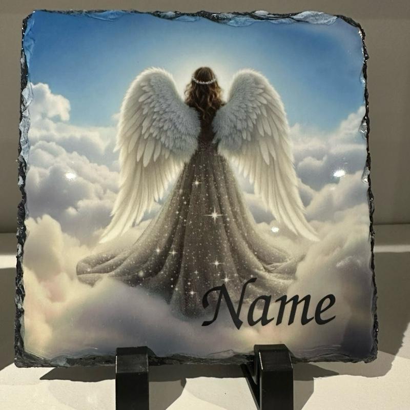 Personalised angel clouds memorial slate with glitter detail option indoor and outdoor