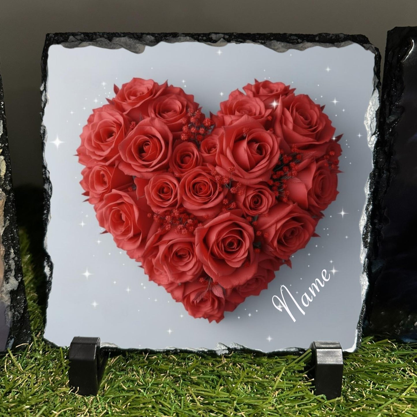 Personalised Red Rose heart design outdoor or indoor slate with or without crystal detail