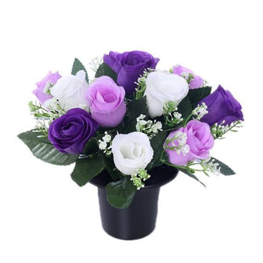 CEMETERY POT WITH PURPLE/LILAC/IVORY ROSEBUDS AND GYP (12 HEADS)