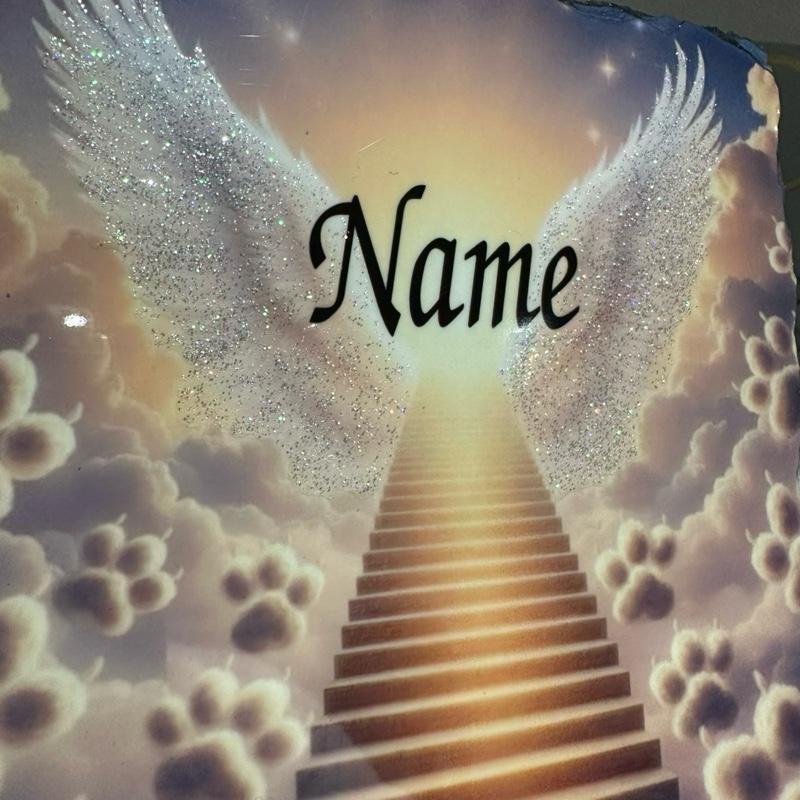 Personalised pet stairway to heaven angel wings paw prints design outdoor or indoor slate