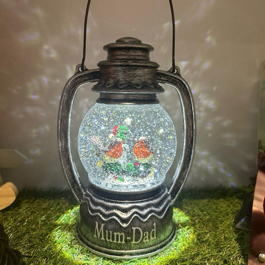 Personalised Robin glitter snow globe lantern indoor