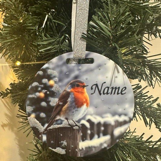 Robin on fence Christmas tree bauble acrylic glitter detail