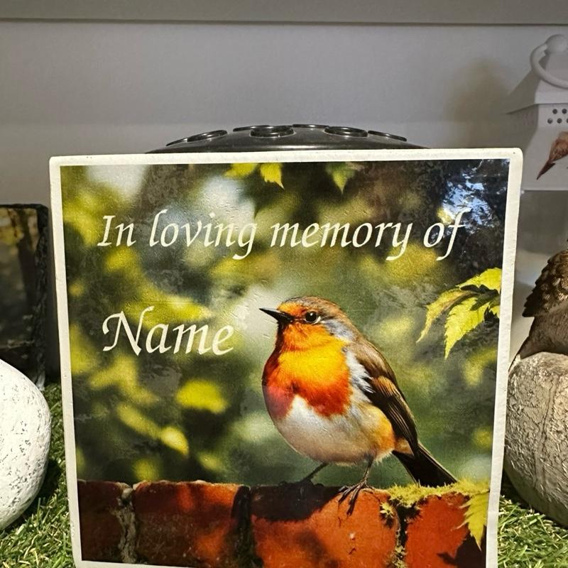 Personalised Robin Weighted Memorial Flower Vase - Grey Polyresin Cube with Name Option