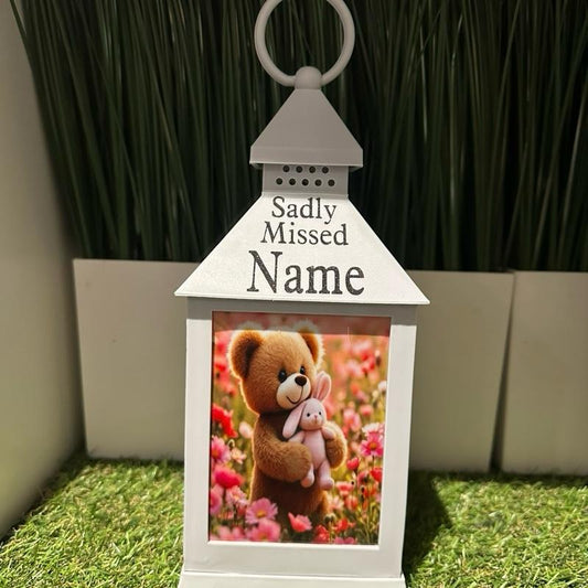 Teddy & bunny memorial lantern with pink flowers - grey & black glitter lantern with build in 6 hour timer