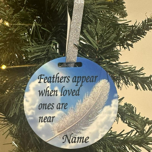 Feathers appear Christmas tree bauble acrylic glitter detail