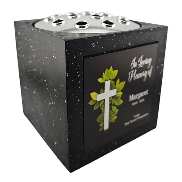 Personalised Cross Black Memorial Square Rose Bowl Grave Marker Flower Pot Vase