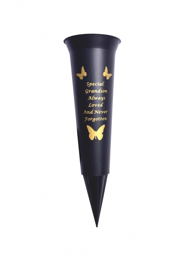 Black Plastic Spike Flower Vase With Gold Butterfly Detail