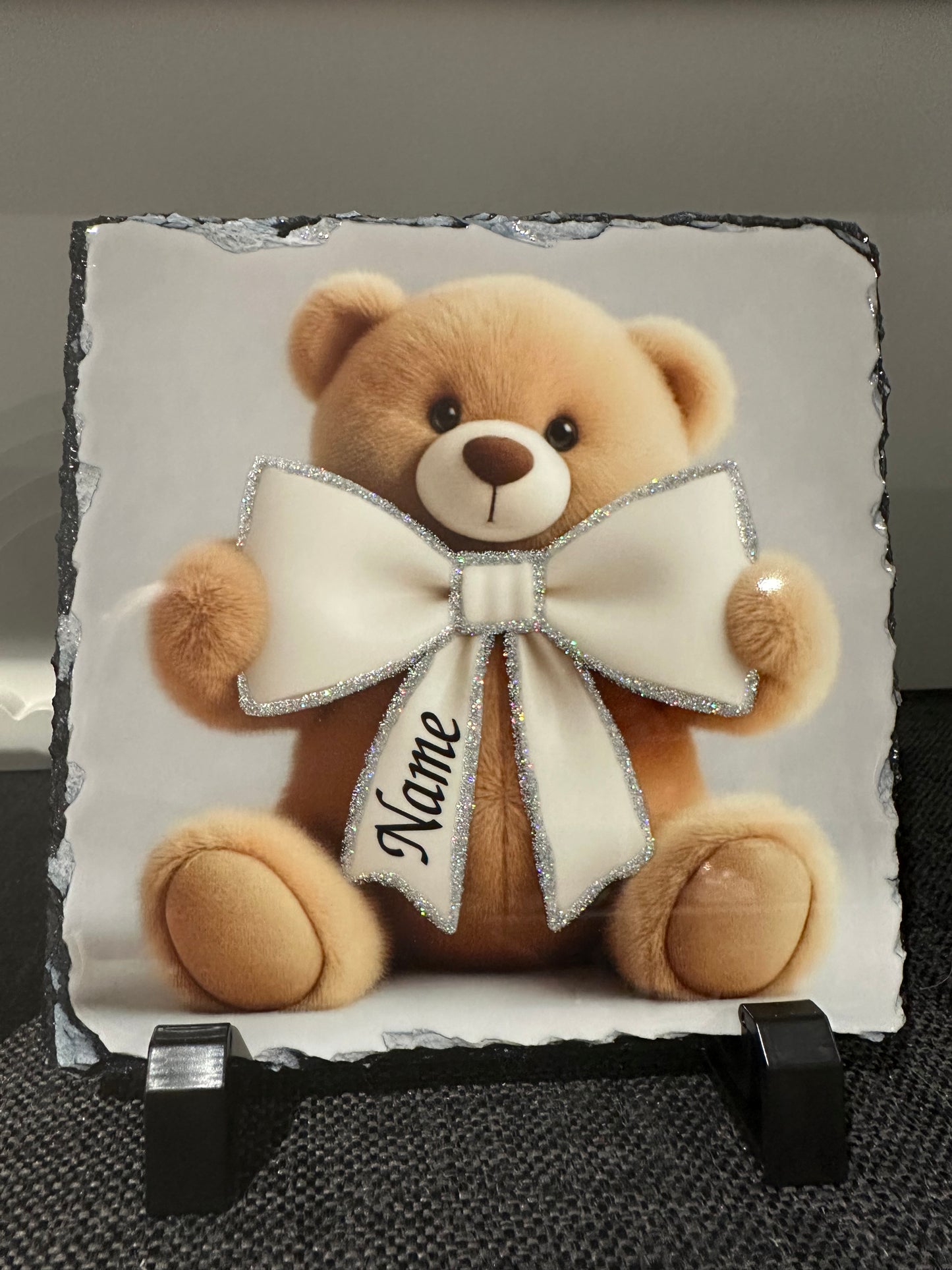 Personalised teddy bear bow design outdoor slate garden memorial - glitter bow detail option