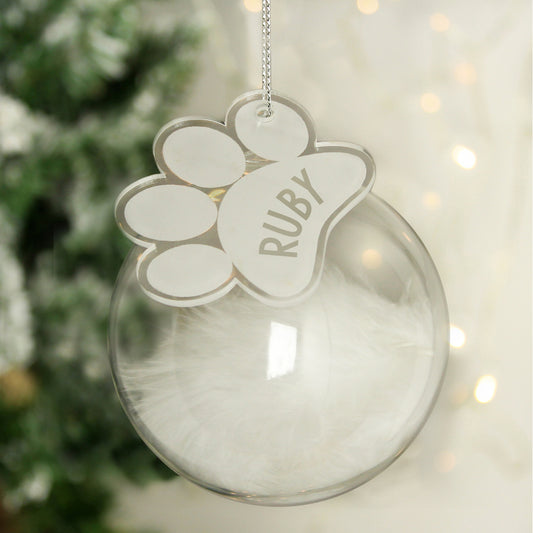 Personalised Pets White Feather Glass Bauble With Paw Print Tag