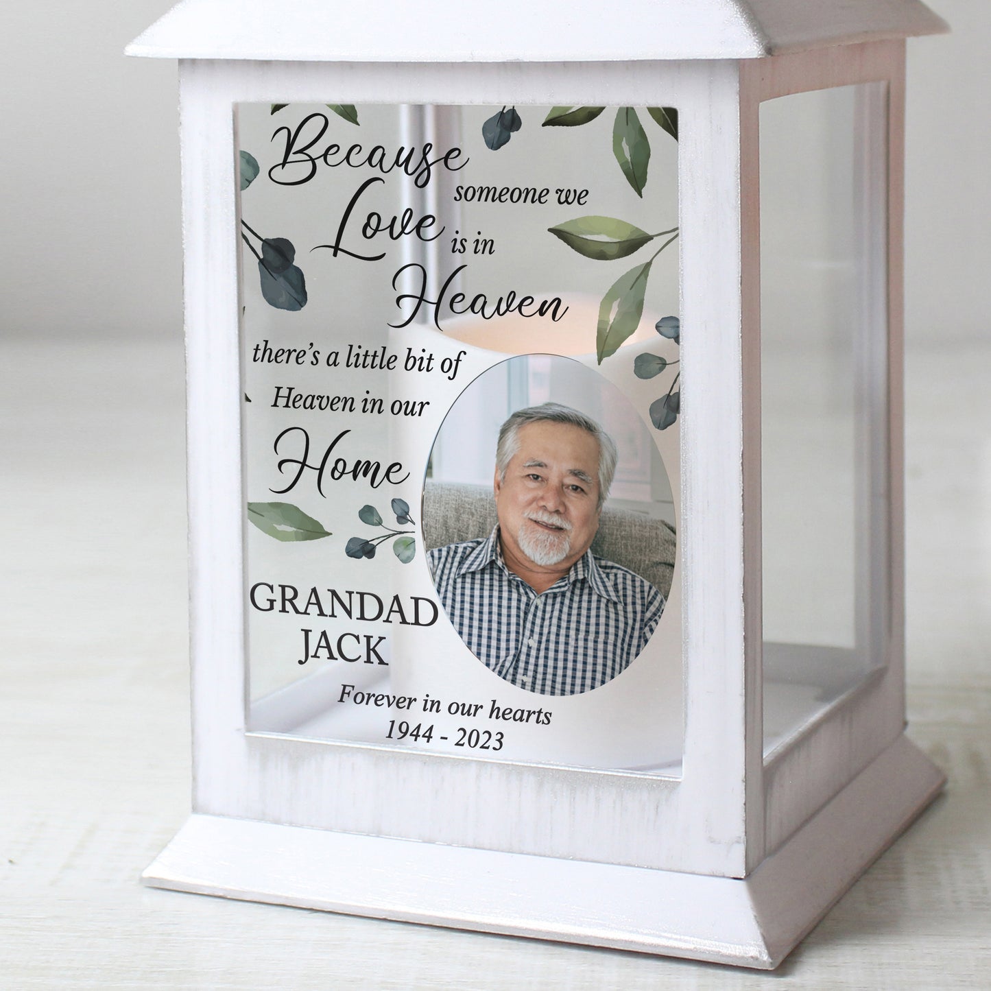 Personalised Botanical Memorial Photo Upload White Lantern