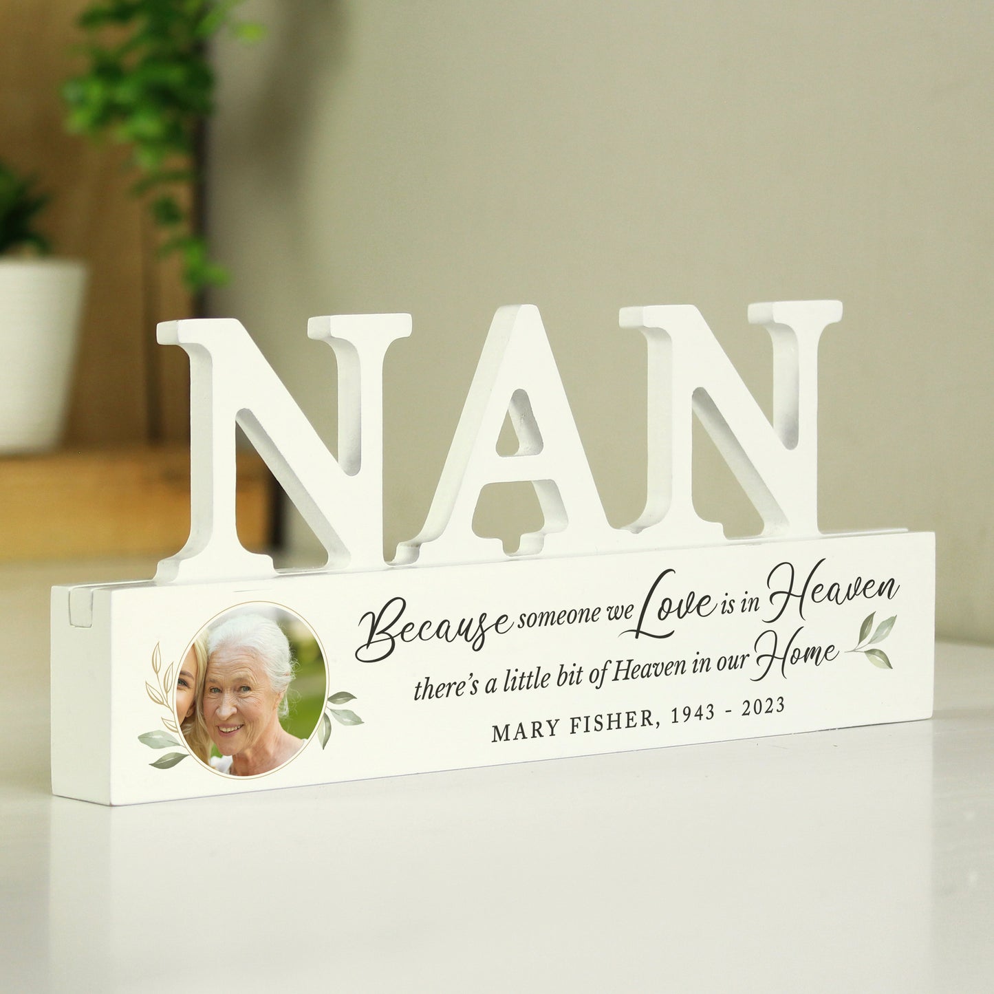 Personalised Botanical Memorial Photo Upload Wooden Nan Ornament