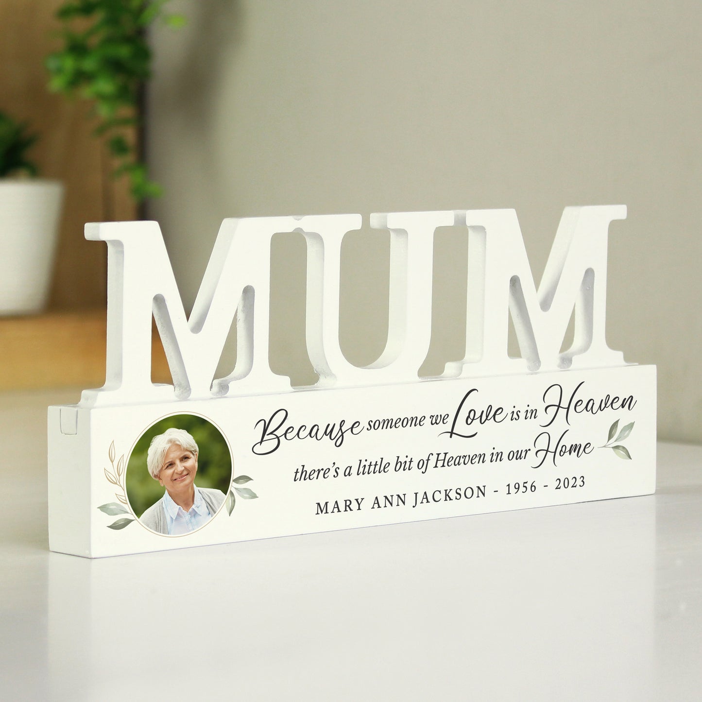 Personalised Botanical Memorial Photo Upload Wooden Mum Ornament