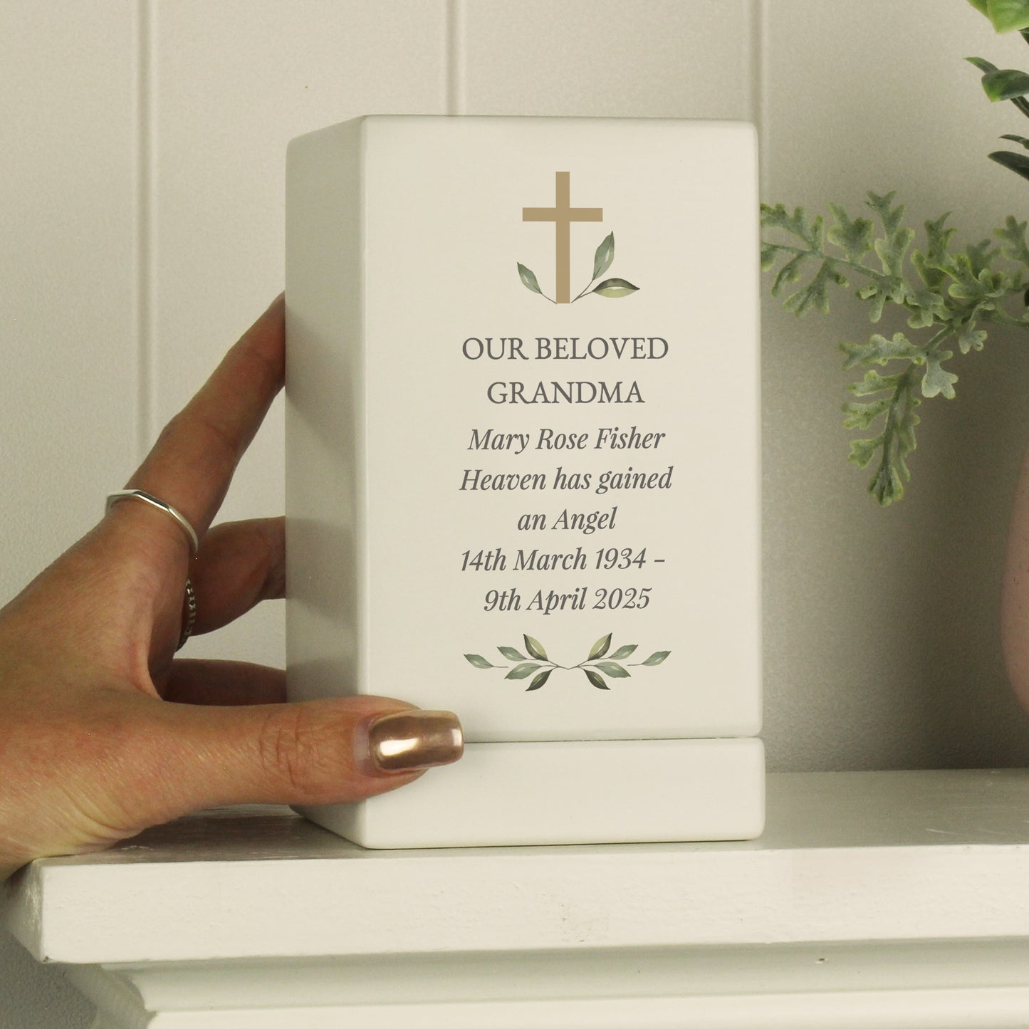 Personalised Memorial Cross Small Wooden Urn