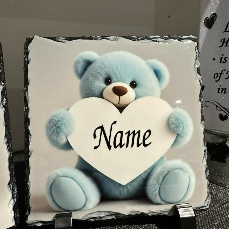 Personalised teddy bear heart design outdoor slate garden memorial - glitter heart outer detail option
