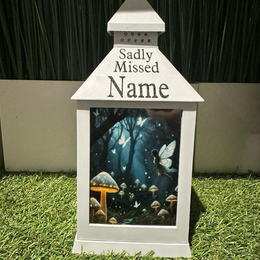 Personalised - enchanted firefly forest design outdoor grey lantern with glitter detail & 6 hour timer