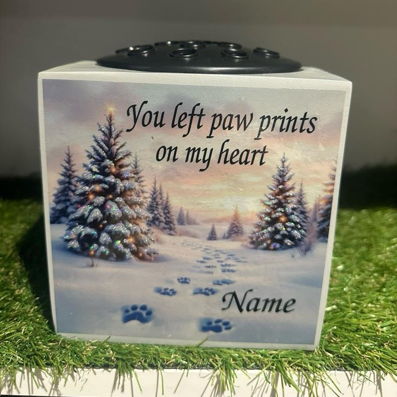 Christmas paw prints in the snow pet  weighted memorial flower vase with glitter detail